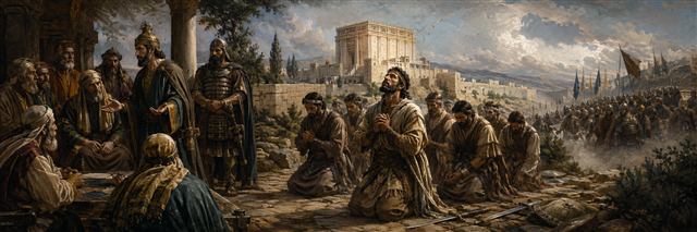 Wary Judean elders face a deceptive delegation as Judas and his smaller force pray before confronting a distant army